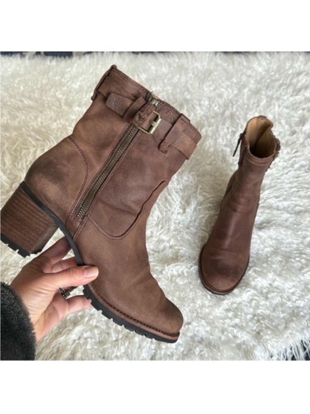 Trask Madison Waterproof Leather Moto Boots/Booties Sz 9.5 Brown Side Zip Heeled